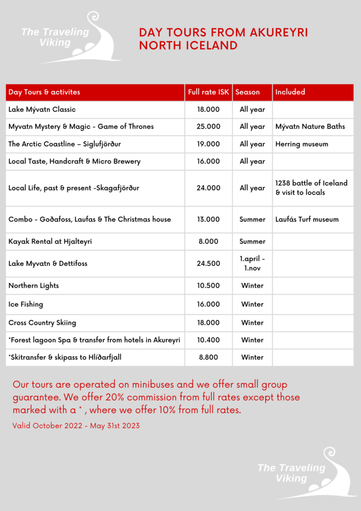 Price list for tours from Akureyri The Traveling Viking